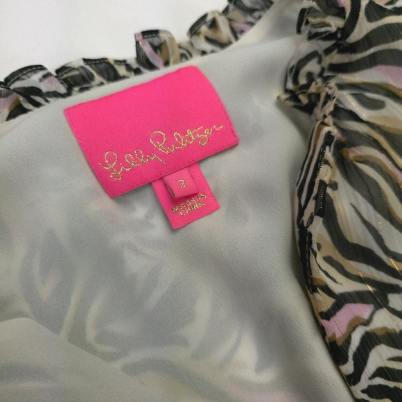 New Lilly Pulitzer Pink Tiger Print Gold Metallic Striped Sheer Maxi Dress Sz 2 - Picture 3 of 13